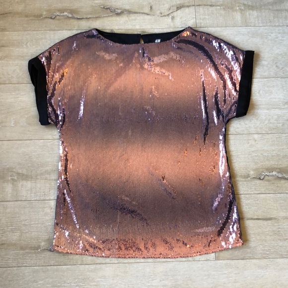 H&M Tops - H & M Rose Gold and Black Sequin Cuffed Blouse